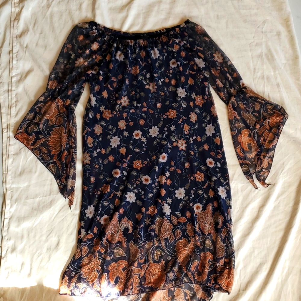 Navy blue, orange and white floral print, mini dress